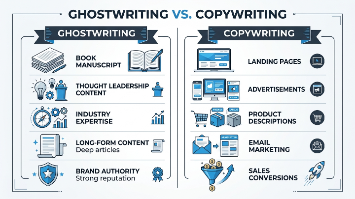 Ghostwriting vs copywriting comparison infographic for businesses