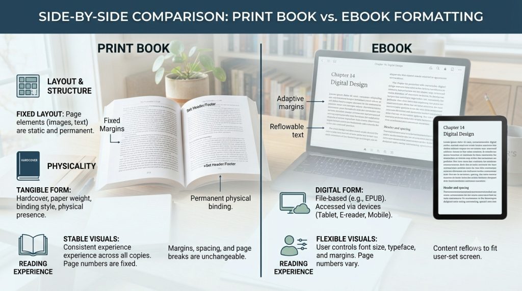 Comparison of print book formatting versus ebook formatting for different devices