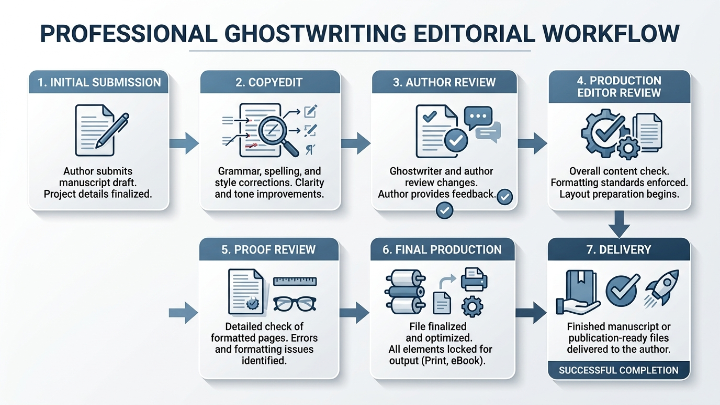 Ghostwriting editorial workflow from draft review to final delivery