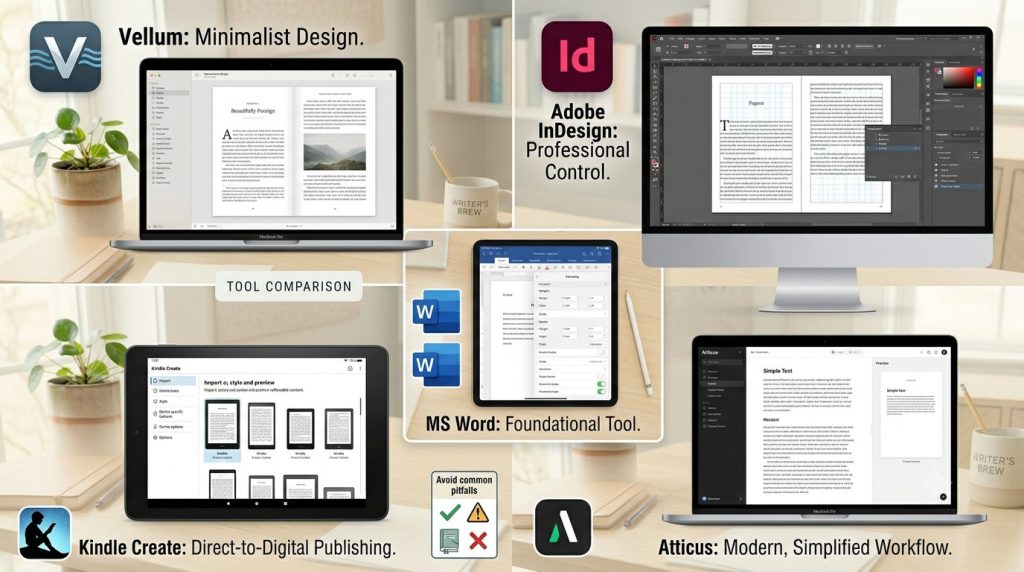 Professional book formatting software including Microsoft Word, Adobe InDesign, Vellum, Atticus, and Kindle Create