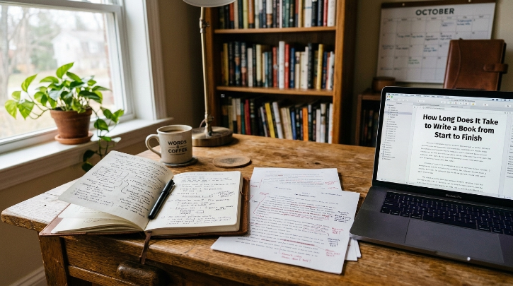 Writer workspace showing book writing timeline with notebook and laptop
