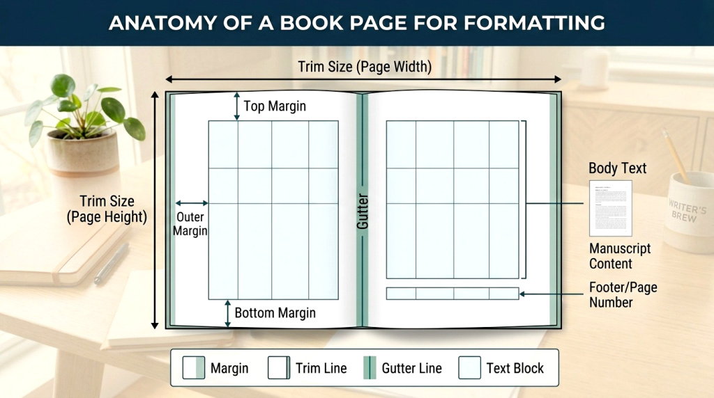 Book page layout showing trim size, margins, and gutter for print books