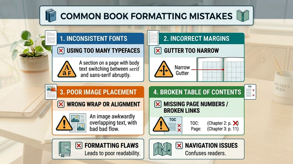 Checklist of common book formatting mistakes such as inconsistent fonts and poor image placement