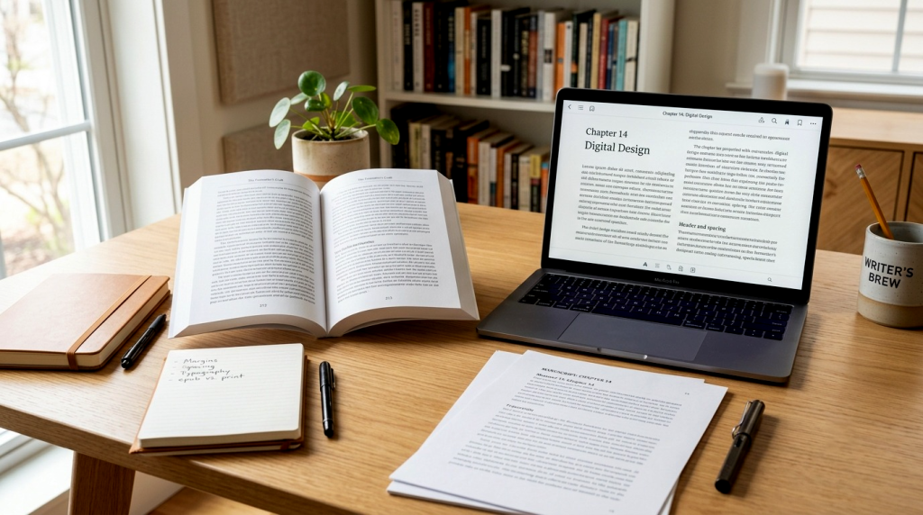 Key elements of professional book formatting including typography, margins, and chapter headings