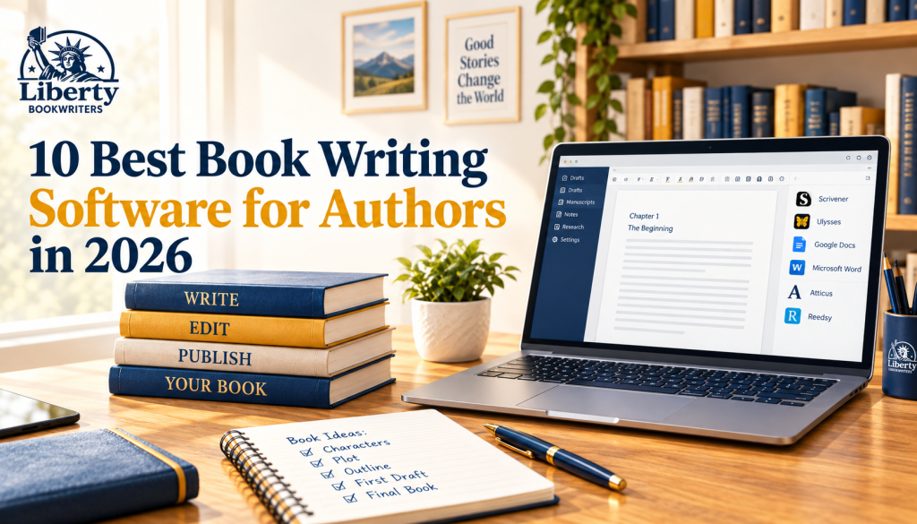 10 Best Book Writing Software for Authors in 2026 featuring a laptop, books, and writing tools