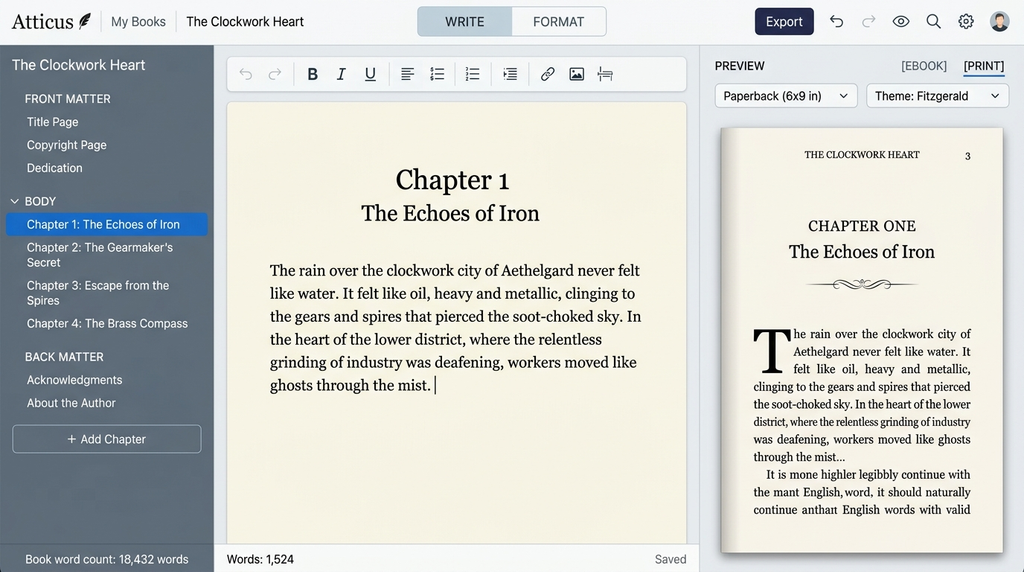 Atticus book writing software showing chapter editing and book formatting preview