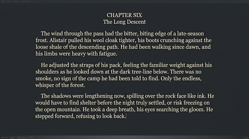 FocusWriter distraction-free writing software showing a full-screen book manuscript editor