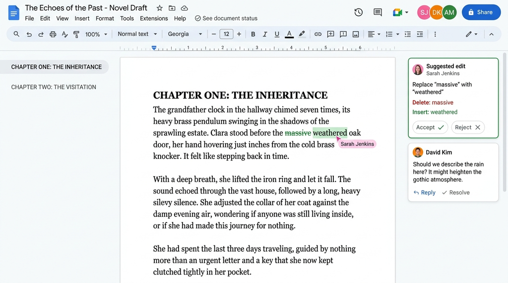 Google Docs book writing interface showing manuscript editing and collaboration tools