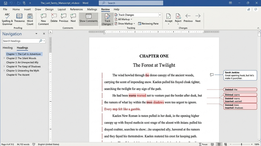 Microsoft Word book writing software showing manuscript editing and formatting tools
