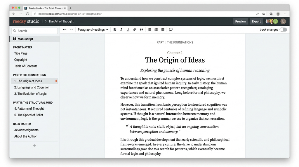 Reedsy Studio book editor showing manuscript chapters and book formatting workspace