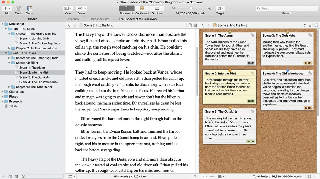 Scrivener writing software showing a novel manuscript, chapter binder, and corkboard planning view