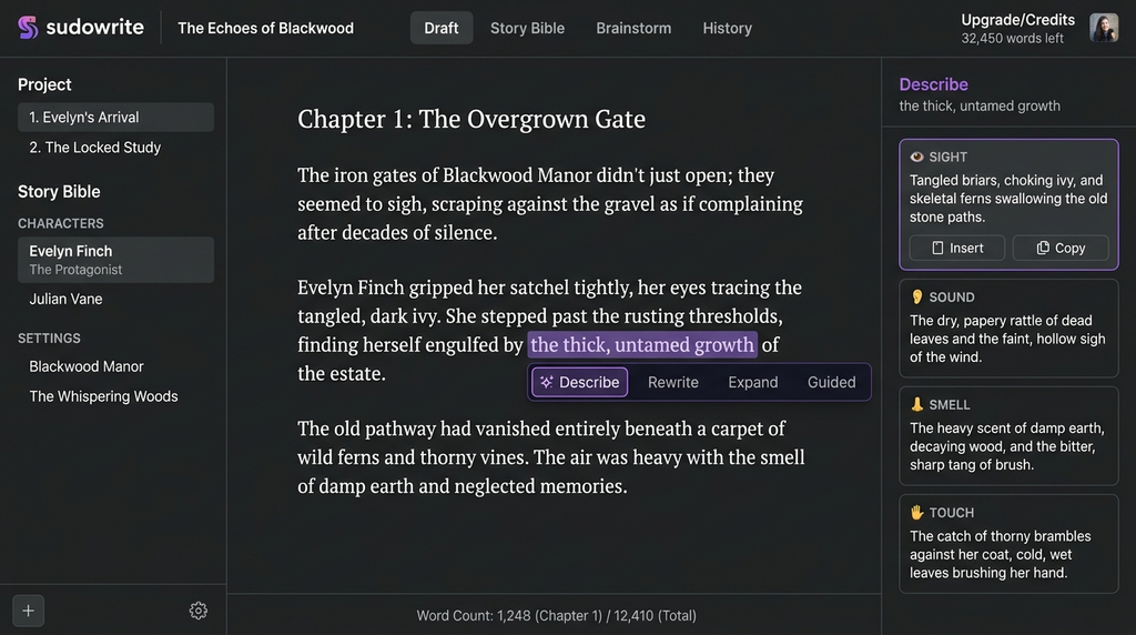 Sudowrite AI writing software showing creative writing assistance and story development tools