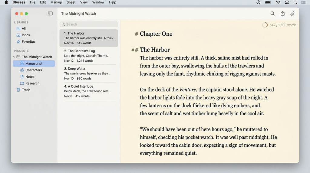 Ulysses writing app showing a minimalist manuscript editor and organized writing sheets on Mac