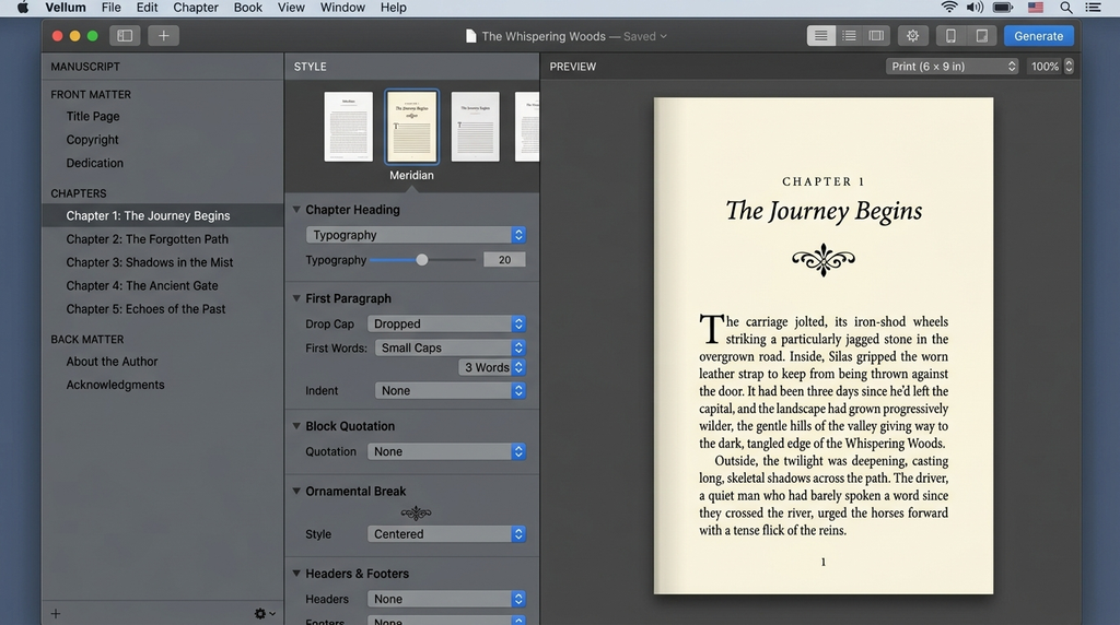 Vellum book formatting software showing a professionally typeset book interior preview